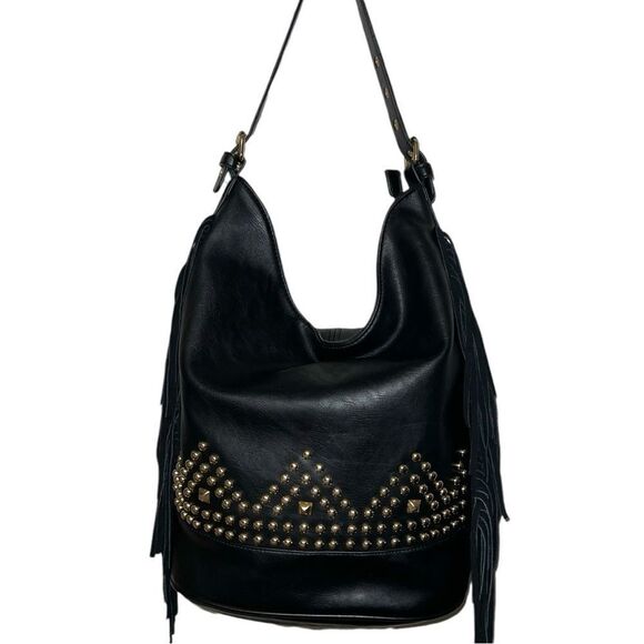 Super cute black faux leather bag with fringe on both sides! - Picture 2 of 13
